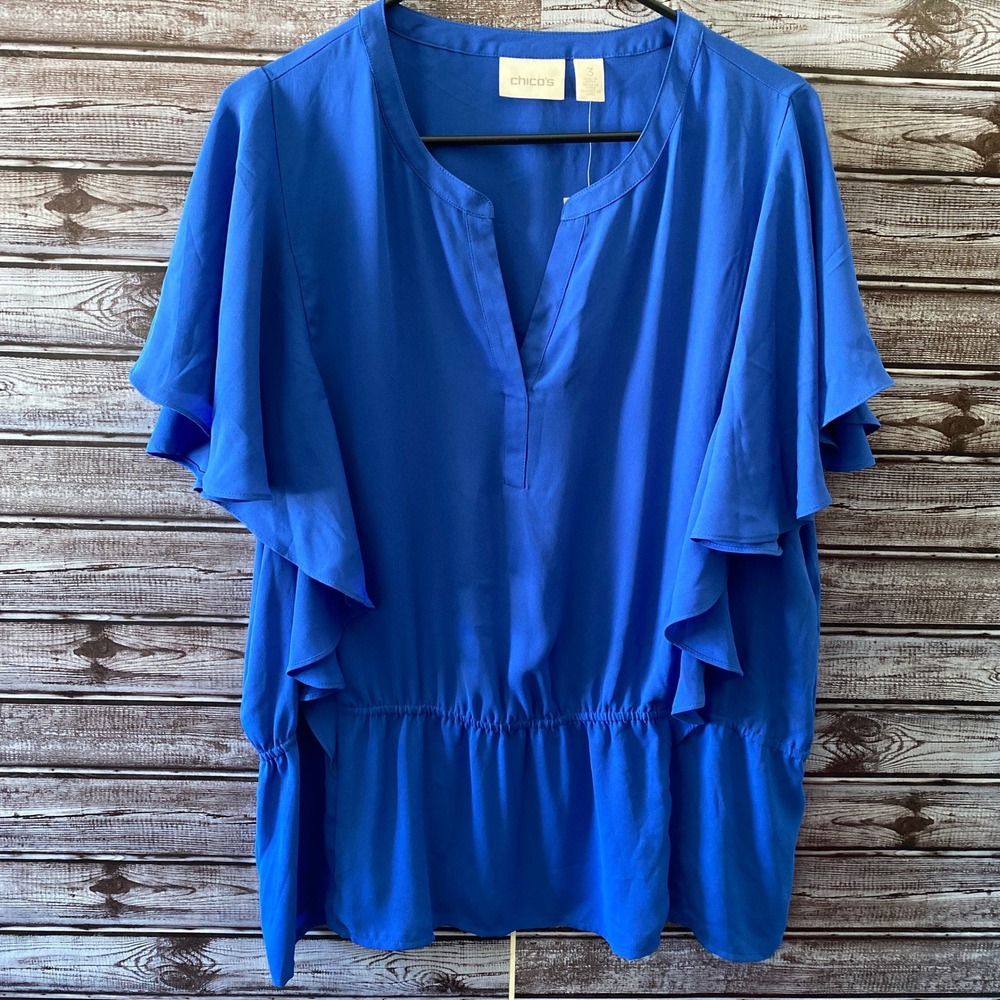 Chico's Women's Blouse Size L Blue Flutter Sleeve V-Neck‎ Stretch-Waist NWT